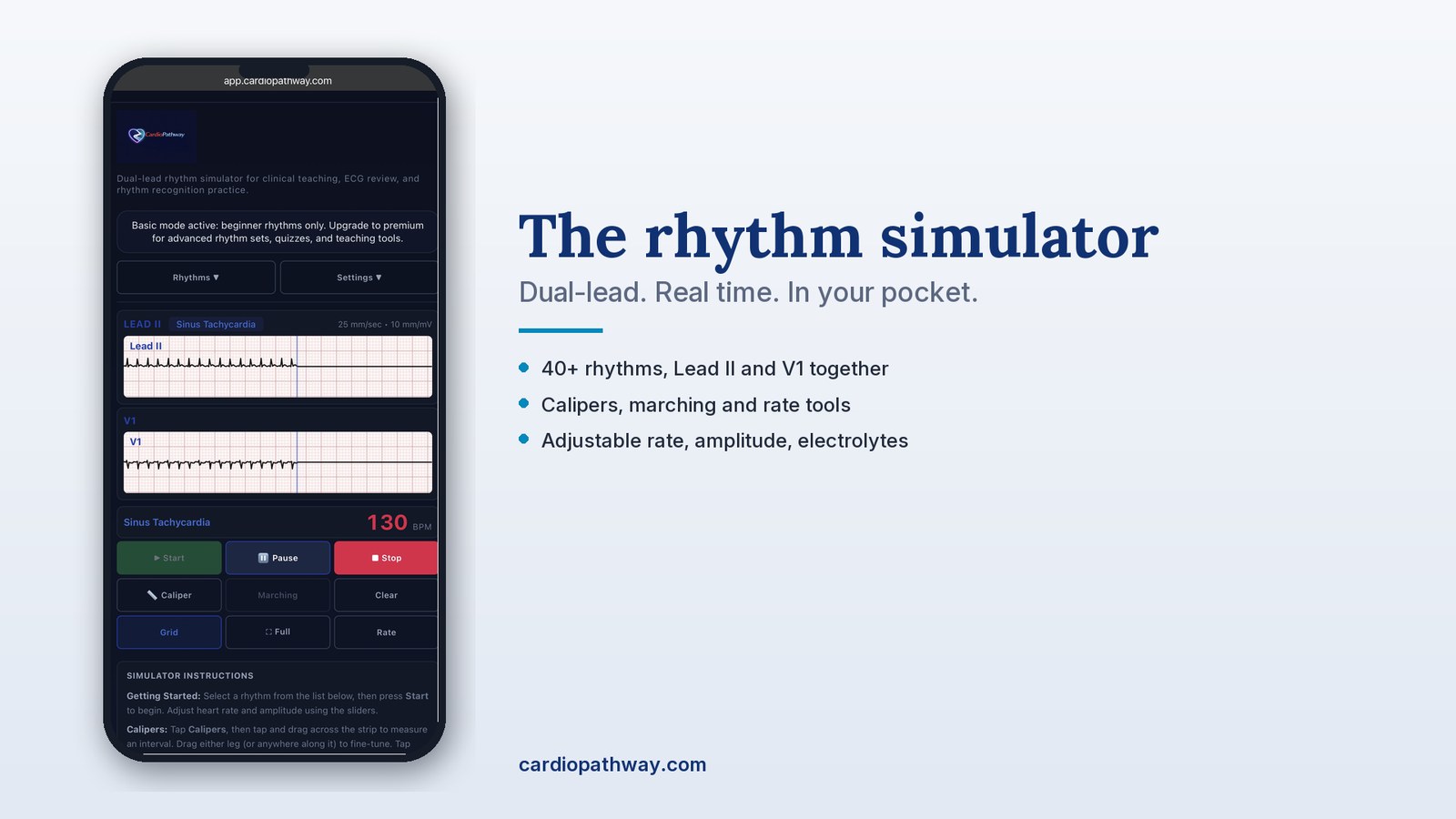 The rhythm simulator — dual-lead, real time, 40+ rhythms with calipers, marching and rate tools