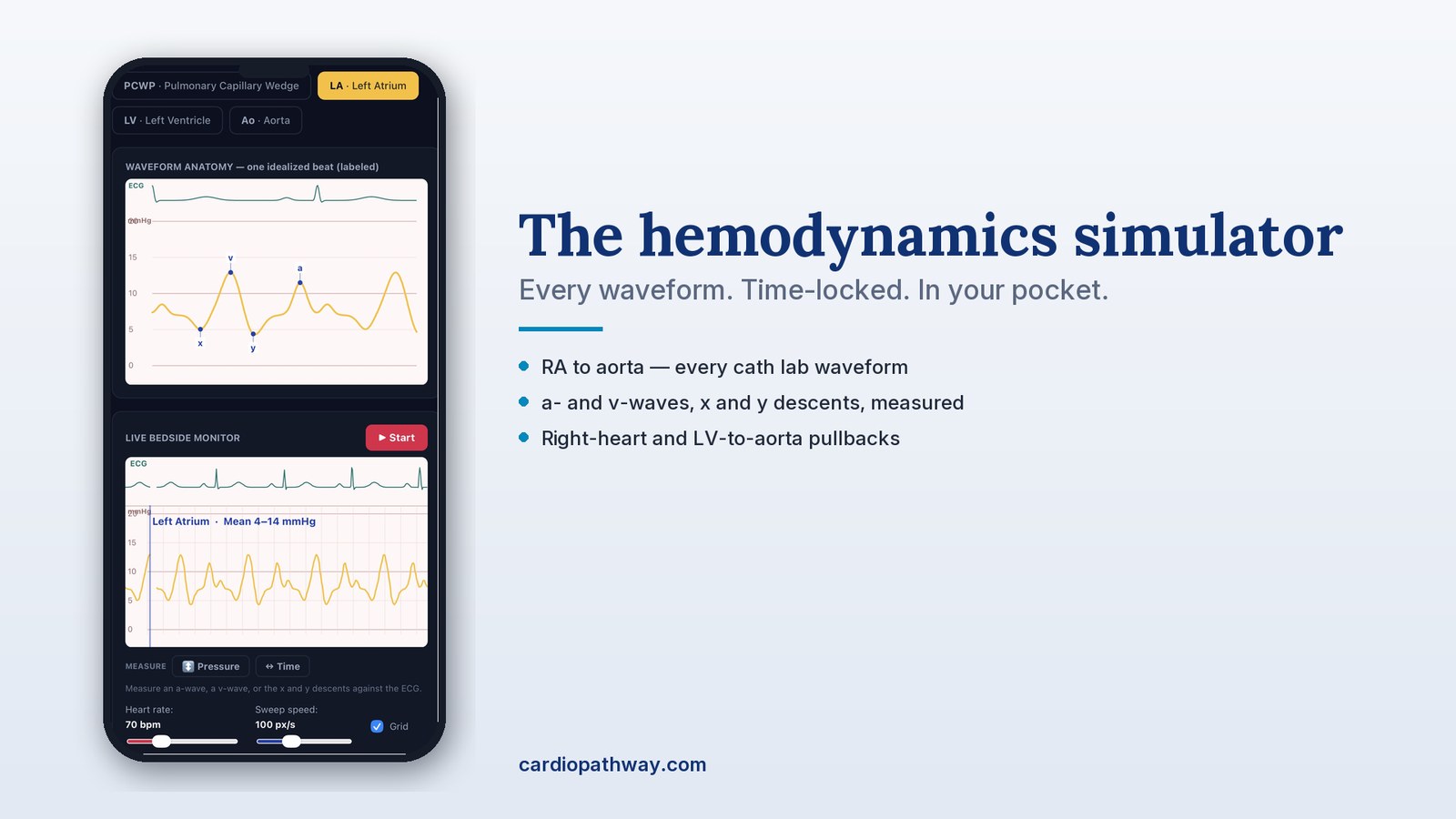 The hemodynamics simulator — every cath lab waveform, time-locked to the ECG, with a/v waves, x and y descents, and right-heart and LV-to-aorta pullbacks